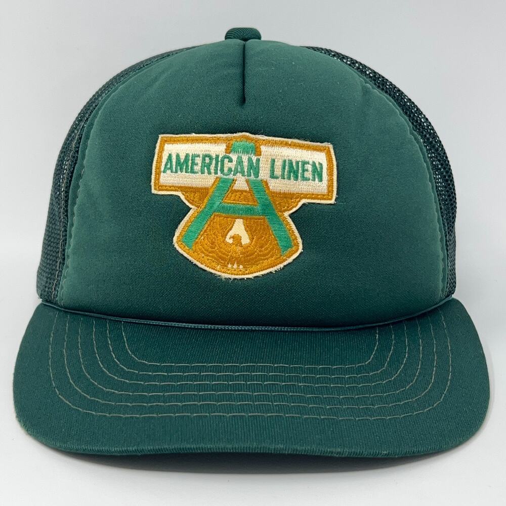 Vintage 80s American Linen Trucker Hat Baseball Cap 5 Panel Mesh Snapback Green